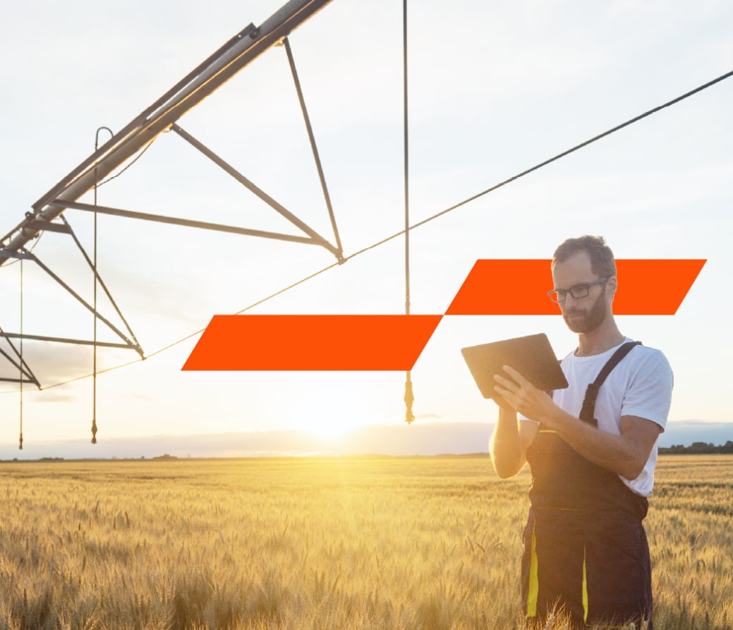 A man with an iPad, tending to a wheat field. 