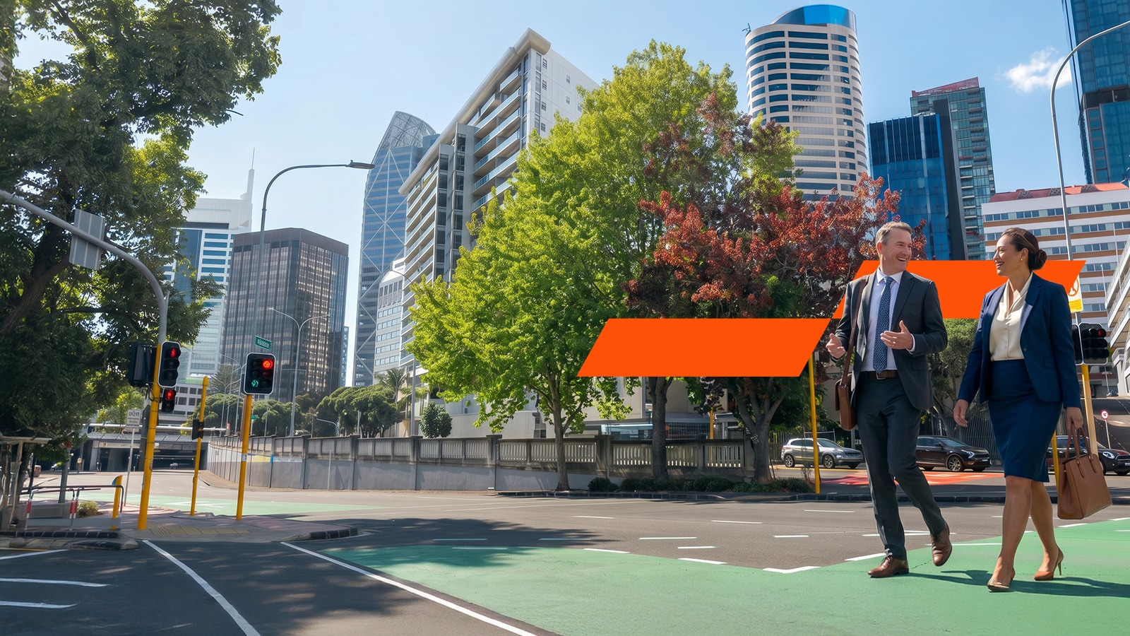Two colleagues cross the street in Auckland's CBD.